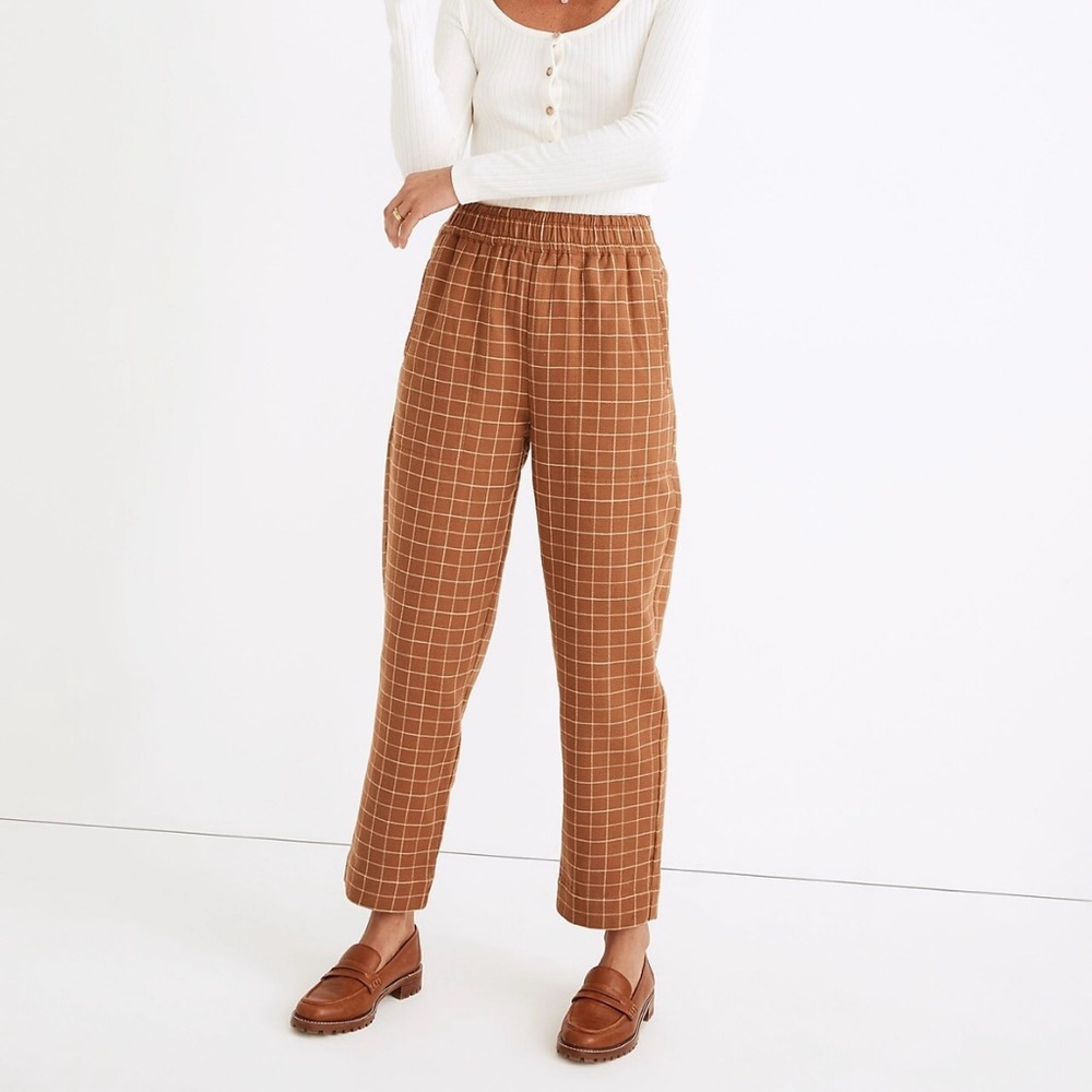 Madewell Waffleback Pull-On High Rise Tapered Pants - XS, Brown Windowpane